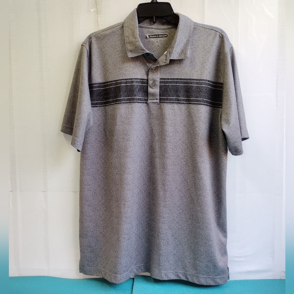 PEBBLE BEACH Polo Shirt Mens Gray Striped Dry Luxe Performance Golf Size L